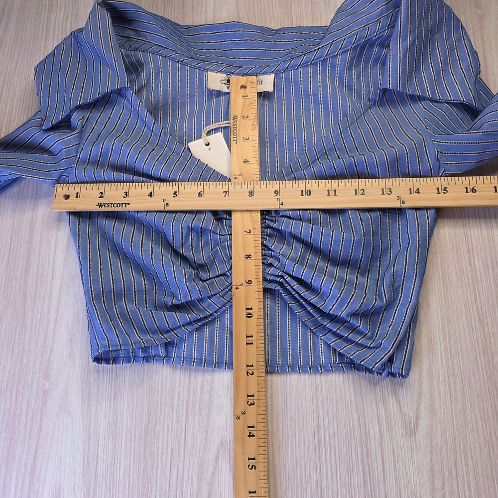 Just Bee Queen Blue Striped Ruched Crop Top Portrait Collar XS New Nautical - Picture 6 of 10